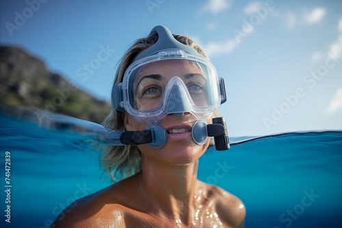 Young woman wearing snorkeling mask and looking at the camera