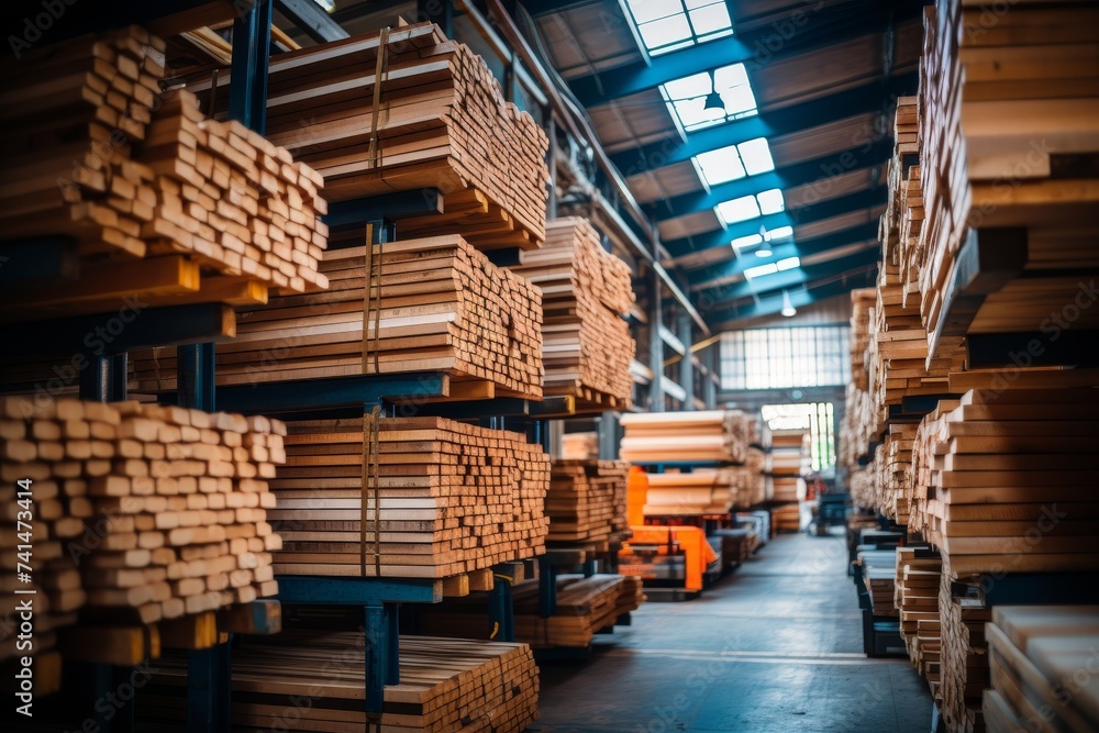 Well-organized warehouse with neatly stacked wooden beams for sale or storage purposes - obrazy, fototapety, plakaty 