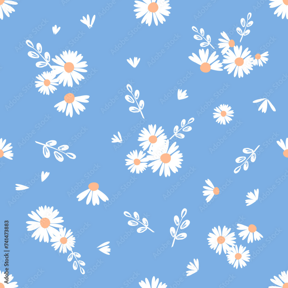 Seamless pattern with daisy flower, petals and branch on blue background vector illustration.
