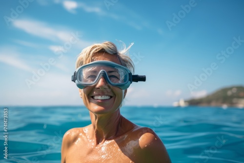 Smiling woman wearing snorkeling mask in the sea. © Nerea