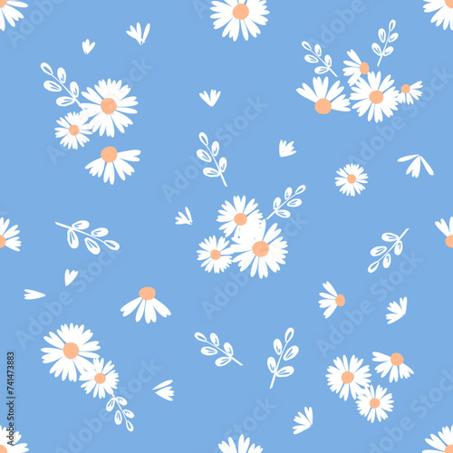 Seamless pattern with daisy flower, petals and branch on blue background vector illustration.