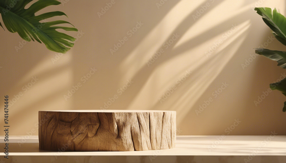 Natural log wood podium table in sunlight, tropical banana tree shadow on beige concrete wall 