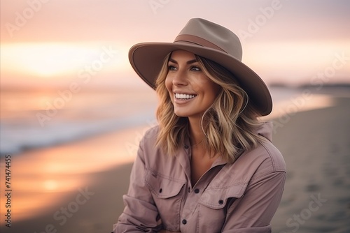 Portrait of a beautiful smiling woman in hat on the beach at sunset