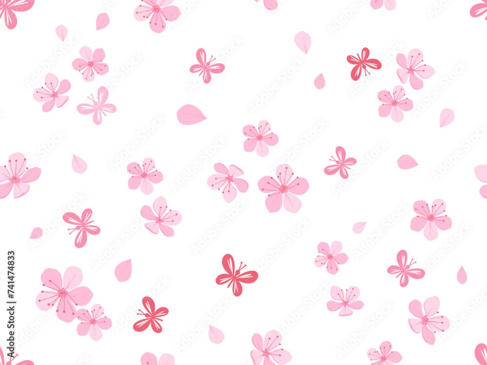 Seamless pattern with cherry blossom Sakura flower and butterflies on white background vector illustration. Cute floral print.