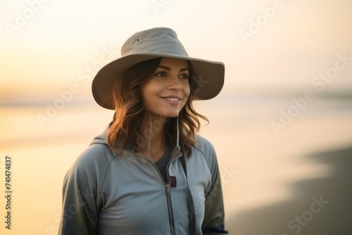 Beautiful young woman in a hat on the beach at sunset.