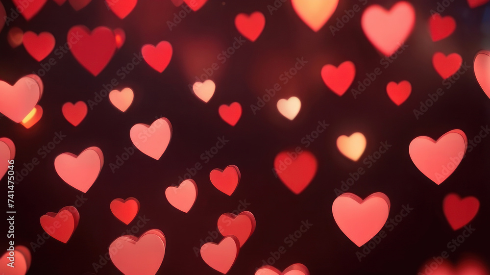 Horizontal background, wedding, Valentine's day. Red bokeh in the shape of hearts. AI generative.