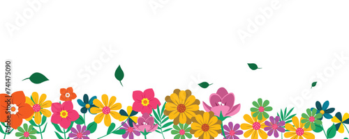 vector spring background illustration with flowers and leaves. bird houses on trees, flower carts and beautiful spring views