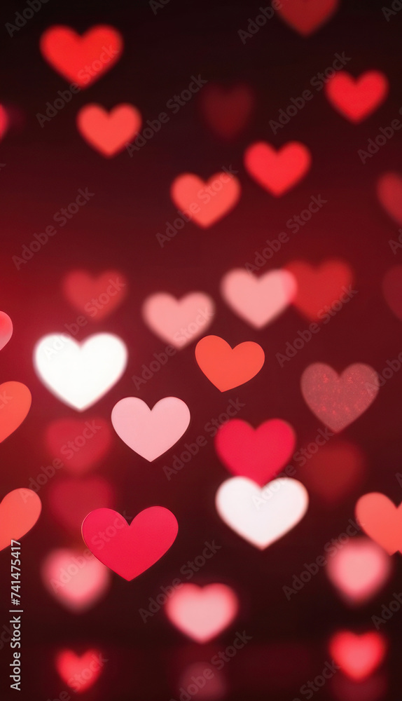 Vertical background, wedding, Valentine's day. Red bokeh in the shape of hearts on a dark red background. AI generative.
