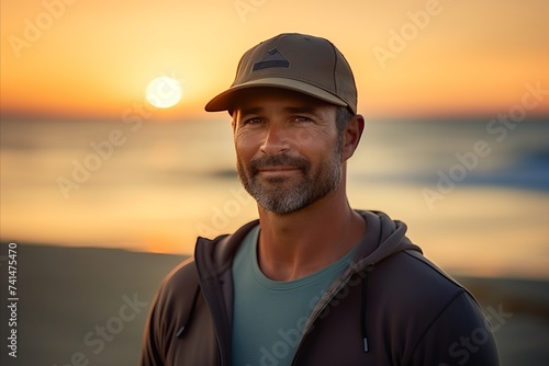 Portrait of a handsome man in a cap on the beach at sunset