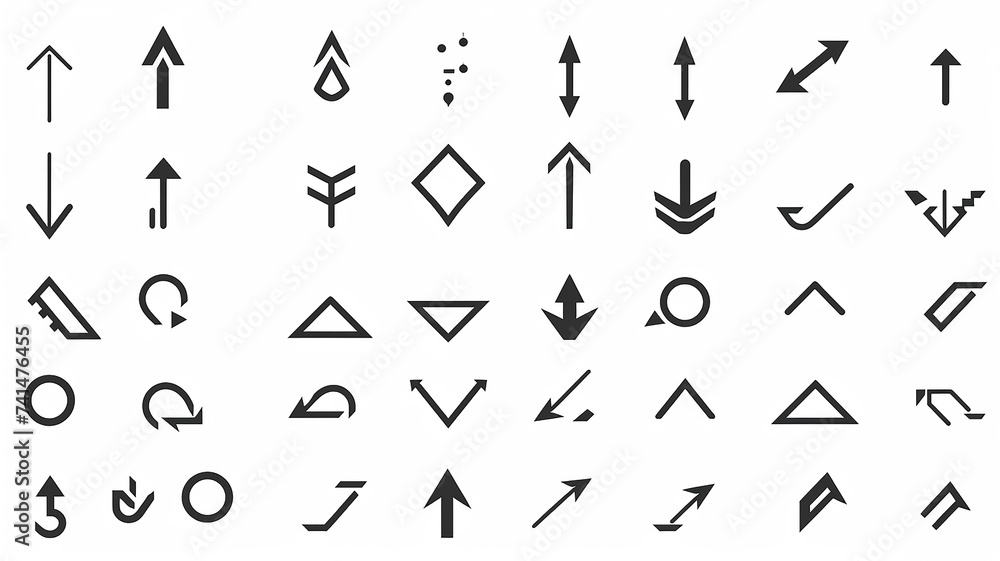 arrow, collection of icons of small black pointer arrows for design isolated on a white background, flat minimalism graphics, set of illustrations