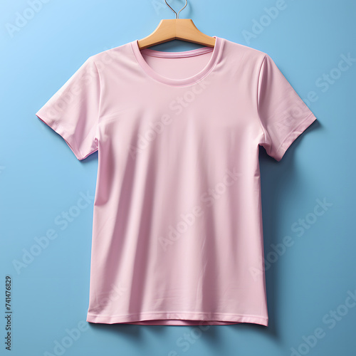 Blank Pink T Shirt Isolated on Blue Background. For Mock up Design Template