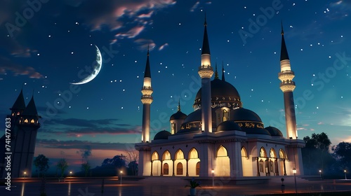 Mosque at night with moon and stars. 3D rendering.
