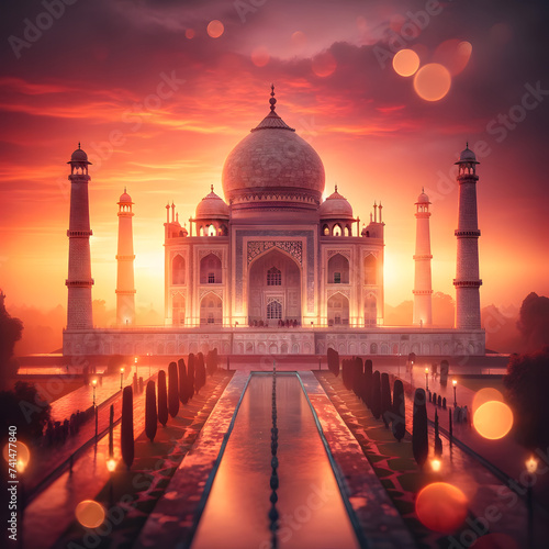 an awe-inspiring image of the Taj Mahal at sunset, the warm glow of the setting sun as it illuminates the majestic monument
