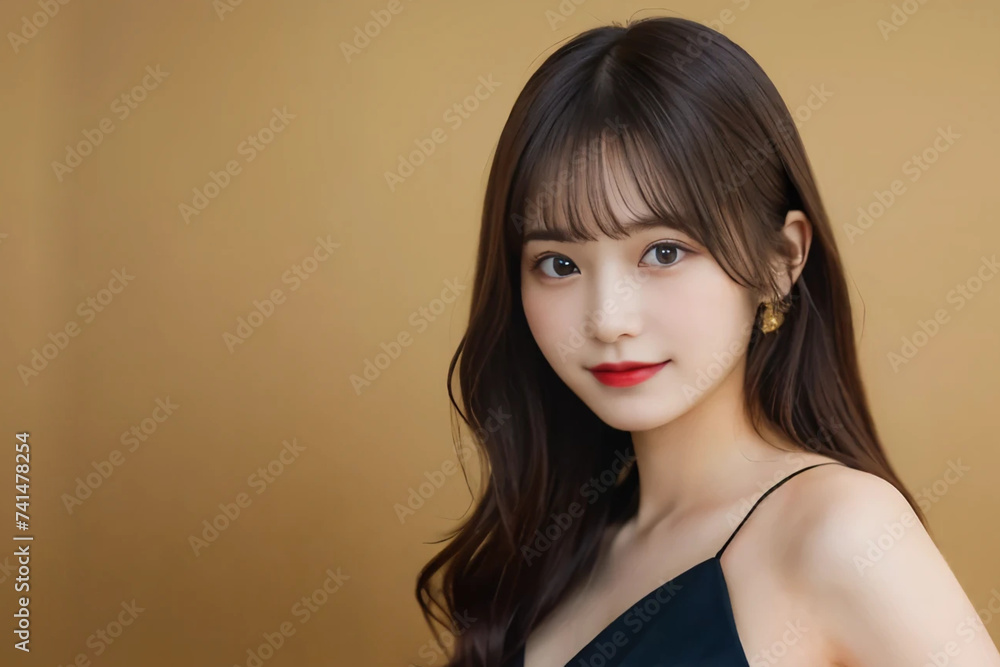 Japanese woman with long hair wearing a black dress and making a cute face. Generative AI Japanese woman with long hair wearing a black dress and making a cute face. Generative AI