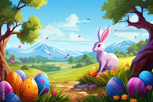 A rabbit sitting in the middle of a field with Easter eggs. Great for Easter-themed designs © Fotograf