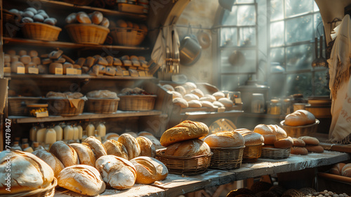 A bakery filled with staple food like bread rolls in baskets photo