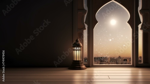 Ramadan Kareem background with mosque door and lantern. 3D rendering