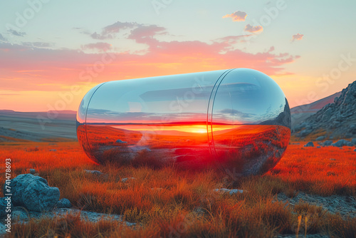 Generative AI illustration of transparent futuristic capsule reflecting a vibrant sunset in a serene grassland photo