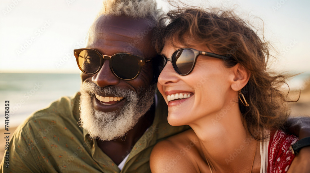 Generative AI illustration of older man with a white beard smiling with a younger woman, both wearing sunglasses at the beach Generative AI illustration of older man with a white beard smiling with a younger woman, both wearing sunglasses at the beach