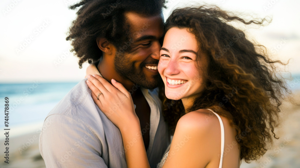 Generative AI illustration of A young couple embracing and sharing a joyful moment on a beach, with the man whispering into the woman's ear Generative AI illustration of A young couple embracing and sharing a joyful moment on a beach, with the man whispering into the woman's ear