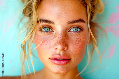 Generative AI illustration of close-up of a young woman with freckles, tousled hair, and blue eyes against a pastel background photo