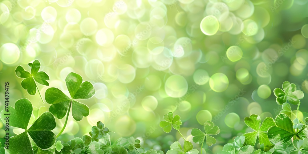 Green bokeh background with shamrocks, ideal for St Patrick's Day. Concept St Patrick's Day, Green Bokeh Background, Shamrocks, Festive Photoshoot, Luck of the Irish Green bokeh background with shamrocks, ideal for St Patrick's Day. Concept St Patrick's Day, Green Bokeh Background, Shamrocks, Festive Photoshoot, Luck of the Irish