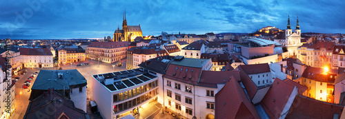 Panorama of Brno skyline - Old Town with Christmas Market and Cathedral of St. Peter and Paul, Czech Republic as Seen from City Hall Tower at Night