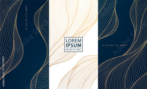 Vector set of elegant gold waves design, japanese style illustration. Use for perfume, wine, soap package. Sea, ocean labels.
