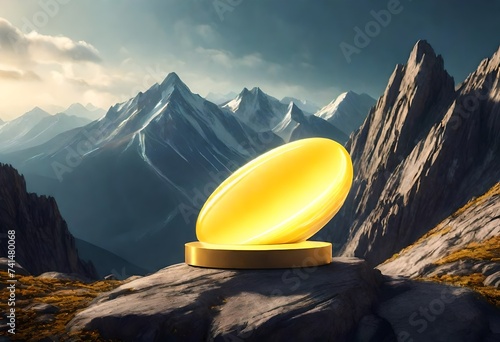 glowing, yellow oval, spinning around a mountain peak. background for cosmetic products, mock up pedestal