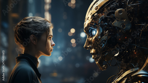 A woman and a complex robot face each other closely, evoking a narrative of human-technology interaction