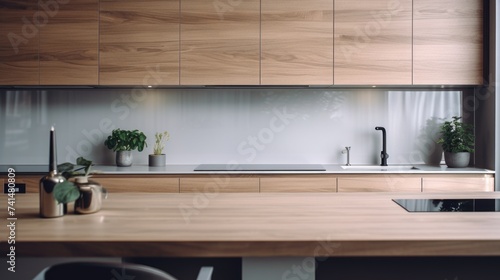 A kitchen with wooden cabinets and a sink. Ideal for home renovation websites © Fotograf