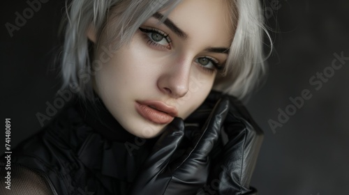 close-up portrait of a young girl, with a leather jacket and gloves