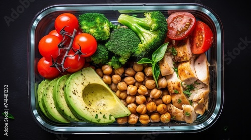 Close-up, Top view of a container with tomatoes, chickpeas, chicken, cucumbers, avocado and broccoli on a black background. Lunch box, Healthy lifestyle, Balanced Nutrition concepts.