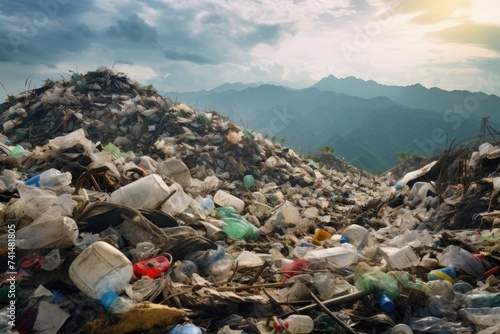 A pile of garbage with mountains in the background. Suitable for environmental concepts