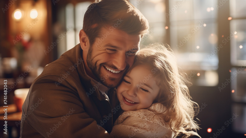 Father hugging his little daughter. Father's day. Cute couple of parent and child. Portrait of happy father and his daughter Father hugging his little daughter. Father's day. Cute couple of parent and child. Portrait of happy father and his daughter