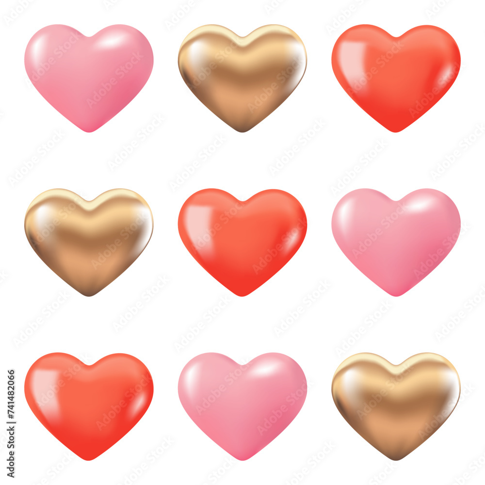 Vector set of realistic 3D hearts. Pink, gold and red heart.