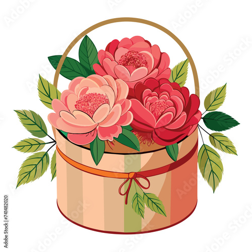 hatbox with peonies, animation printed poster, in the glamour style, golden glitter watercolor illustration on white
