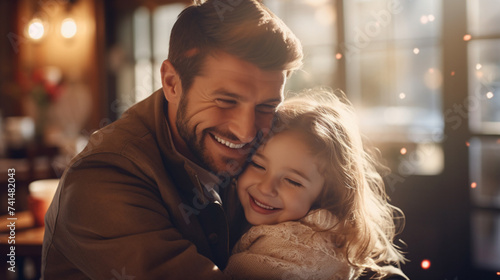 Father hugging his little daughter. Father's day. Cute couple of parent and child. Portrait of happy father and his daughter photo