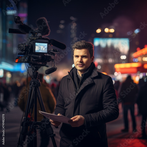 Nocturnal Narrator: Dedicated Man Reporting Live News on TV Under the Night Sky