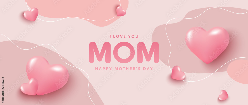 Beige gentle vector card for Mother's Day with pink 3D hearts. Women's card, poster, banner, wallpaper, cover design.