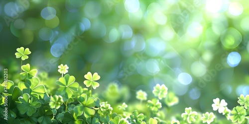 Four-Leaf Clovers on a Green Background: Ideal for St Patrick's Day Celebrations. Concept St Patrick's Day, Four-Leaf Clovers, Green Background, Celebration, Lucky Charms
