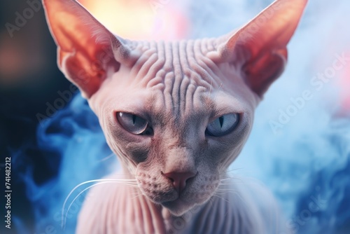 A close up of a cat with blue smoke in the background. Suitable for various design projects
