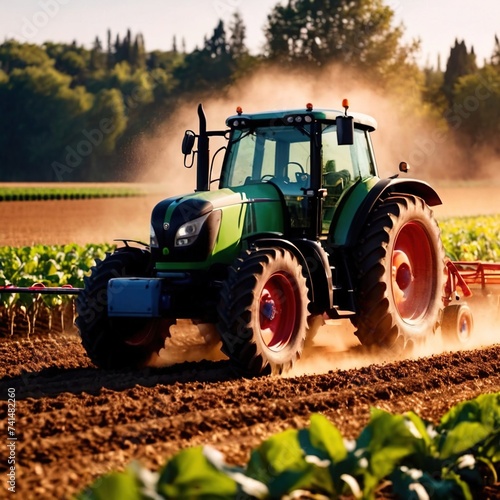 Tractor in farm field, working with crops, agriculture industry machinery