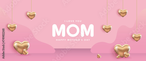 Pink tender vector card for Mother's Day with bronze 3D hearts. Women's card, poster, banner, wallpaper, cover design.