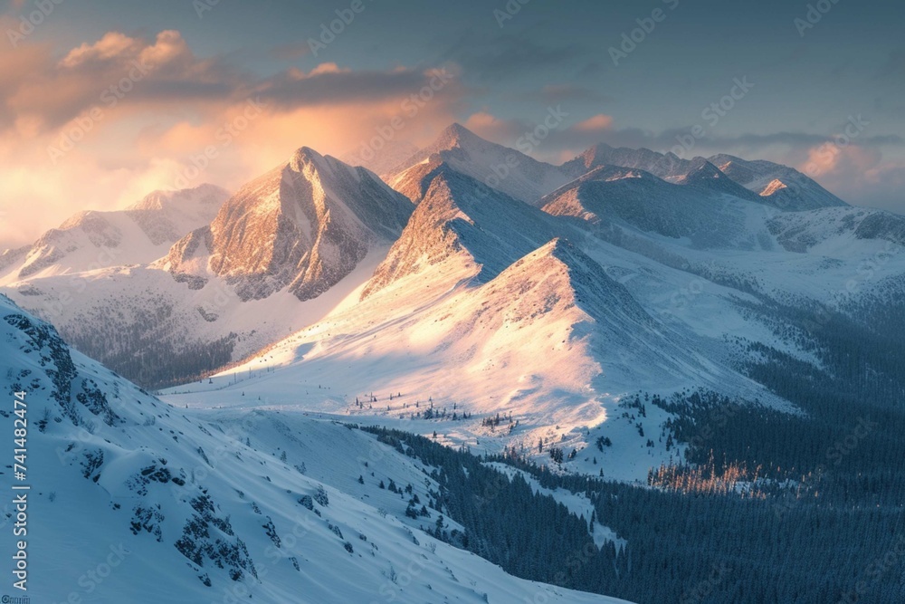 Winter landscape with mountain Krivan in High Tatras illuminated by morning sun. Natural scenery with hills covered by snow in high altitude of national park