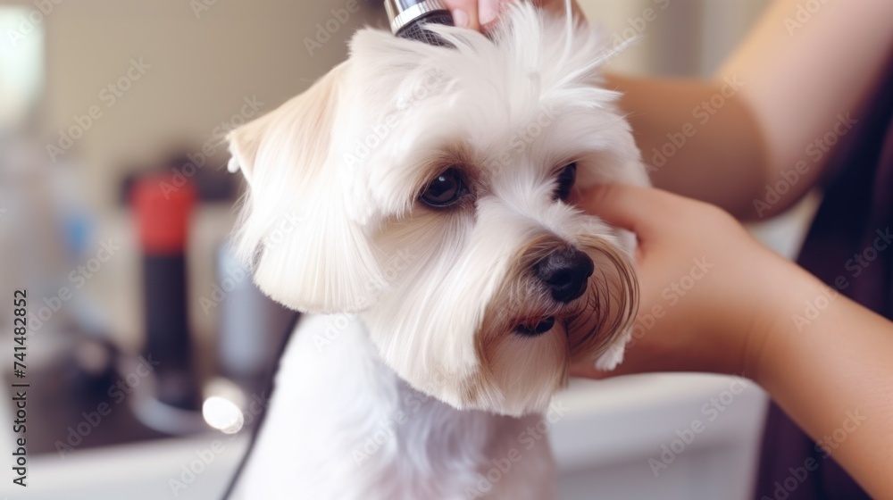 A woman grooming a small white dog. Suitable for pet grooming services advertising A woman grooming a small white dog. Suitable for pet grooming services advertising
