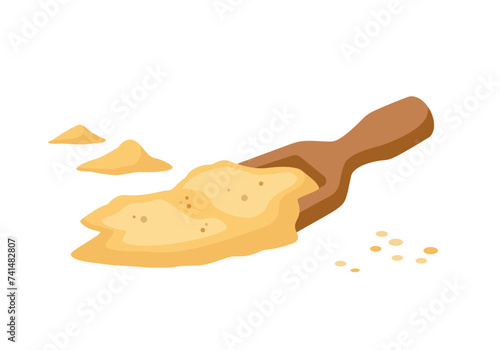 Wheat Flour in wooden scoop. Wooden spatula with flour and grains. Piles of flour. Vector illustration isolated on white background.