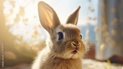 A small rabbit sitting on top of a bed. Suitable for pet or cozy home themes