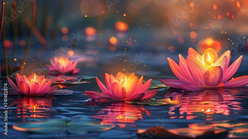 Diwali is an Indian holiday, the festival of fire. Lotus flowers and diyas oil lamps. beside the river. AI Generative