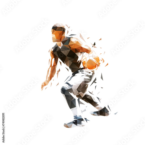 Basketball player running with ball, isolated low poly vector illustration. Team sport athlete